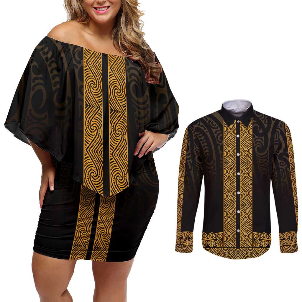 New Zealand Maori Kowhaiwhai Couples Matching Off Shoulder Short Dress and Long Sleeve Button Shirt Karaka Maui and Mangopare LT9 Gold - Polynesian Pride