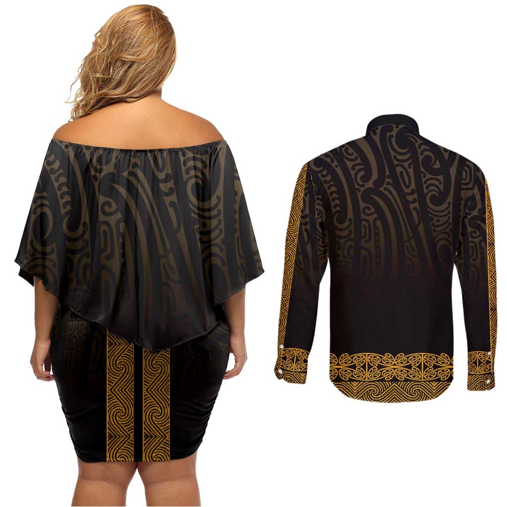New Zealand Maori Kowhaiwhai Couples Matching Off Shoulder Short Dress and Long Sleeve Button Shirt Karaka Maui and Mangopare LT9 - Polynesian Pride