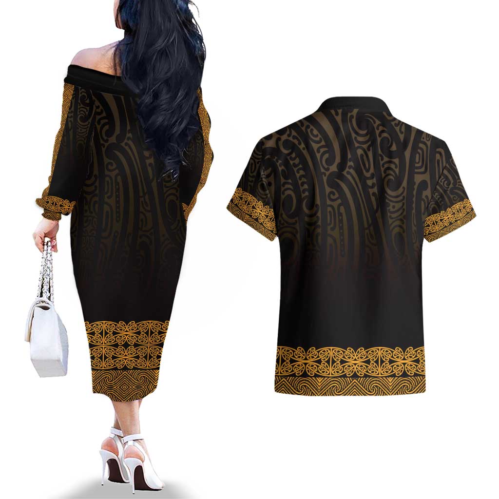 New Zealand Maori Kowhaiwhai Couples Matching Off The Shoulder Long Sleeve Dress and Hawaiian Shirt Karaka Maui and Mangopare LT9 - Polynesian Pride