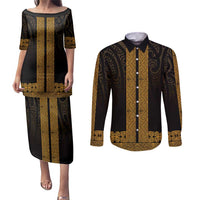 New Zealand Maori Kowhaiwhai Couples Matching Puletasi and Long Sleeve Button Shirt Karaka Maui and Mangopare LT9 Gold - Polynesian Pride