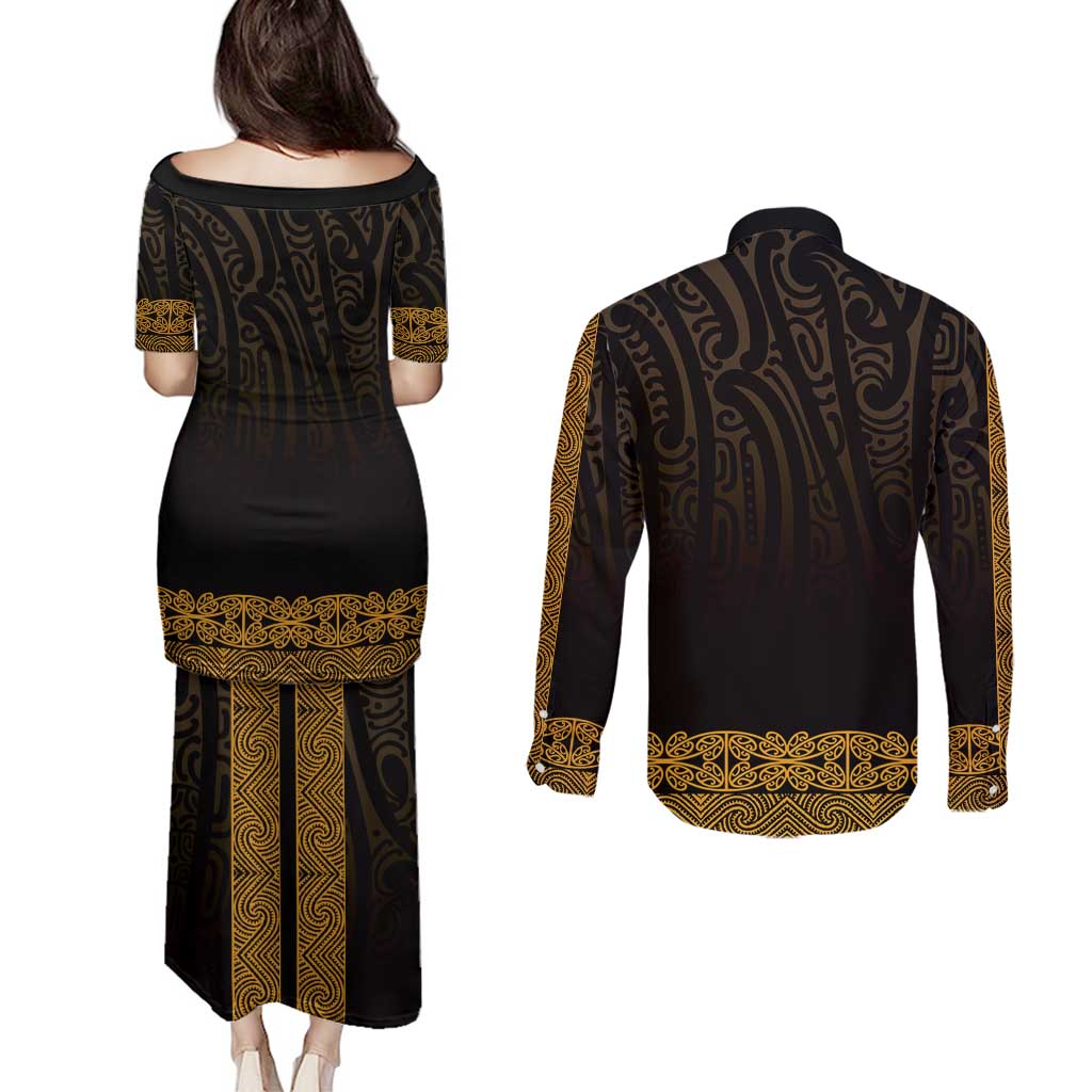 New Zealand Maori Kowhaiwhai Couples Matching Puletasi and Long Sleeve Button Shirt Karaka Maui and Mangopare LT9 - Polynesian Pride