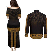 New Zealand Maori Kowhaiwhai Couples Matching Puletasi and Long Sleeve Button Shirt Karaka Maui and Mangopare LT9 - Polynesian Pride