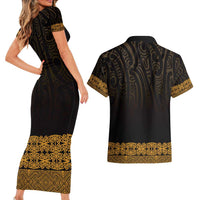 New Zealand Maori Kowhaiwhai Couples Matching Short Sleeve Bodycon Dress and Hawaiian Shirt Karaka Maui and Mangopare LT9 - Polynesian Pride