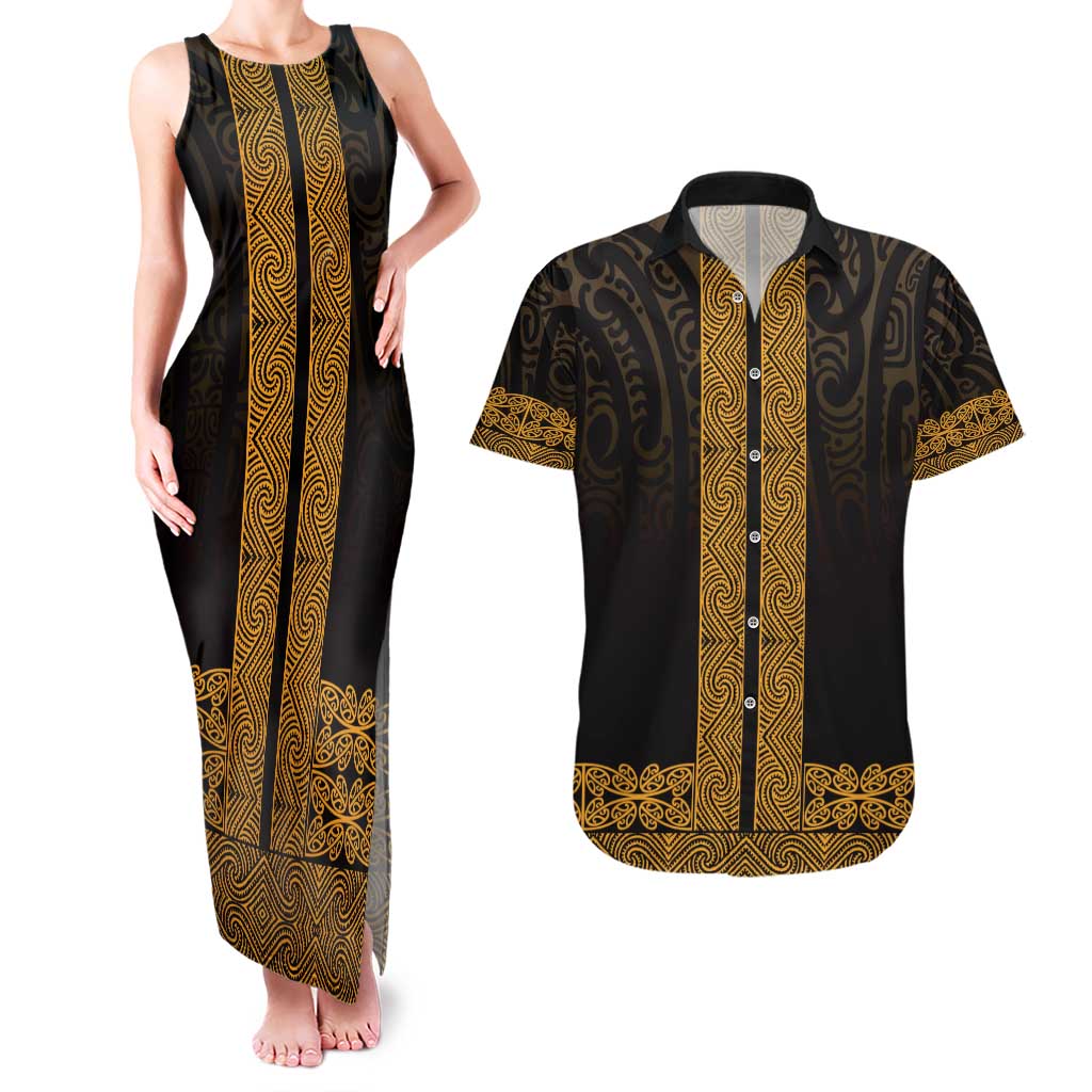 New Zealand Maori Kowhaiwhai Couples Matching Tank Maxi Dress and Hawaiian Shirt Karaka Maui and Mangopare LT9 Gold - Polynesian Pride
