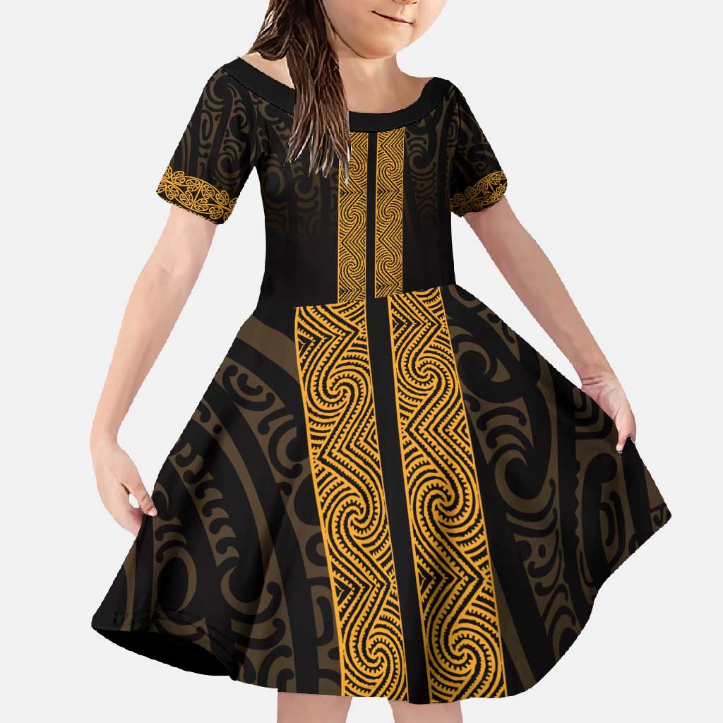 New Zealand Maori Kowhaiwhai Family Matching Long Sleeve Bodycon Dress and Hawaiian Shirt Karaka Maui and Mangopare LT9 Daughter's Dress Gold - Polynesian Pride
