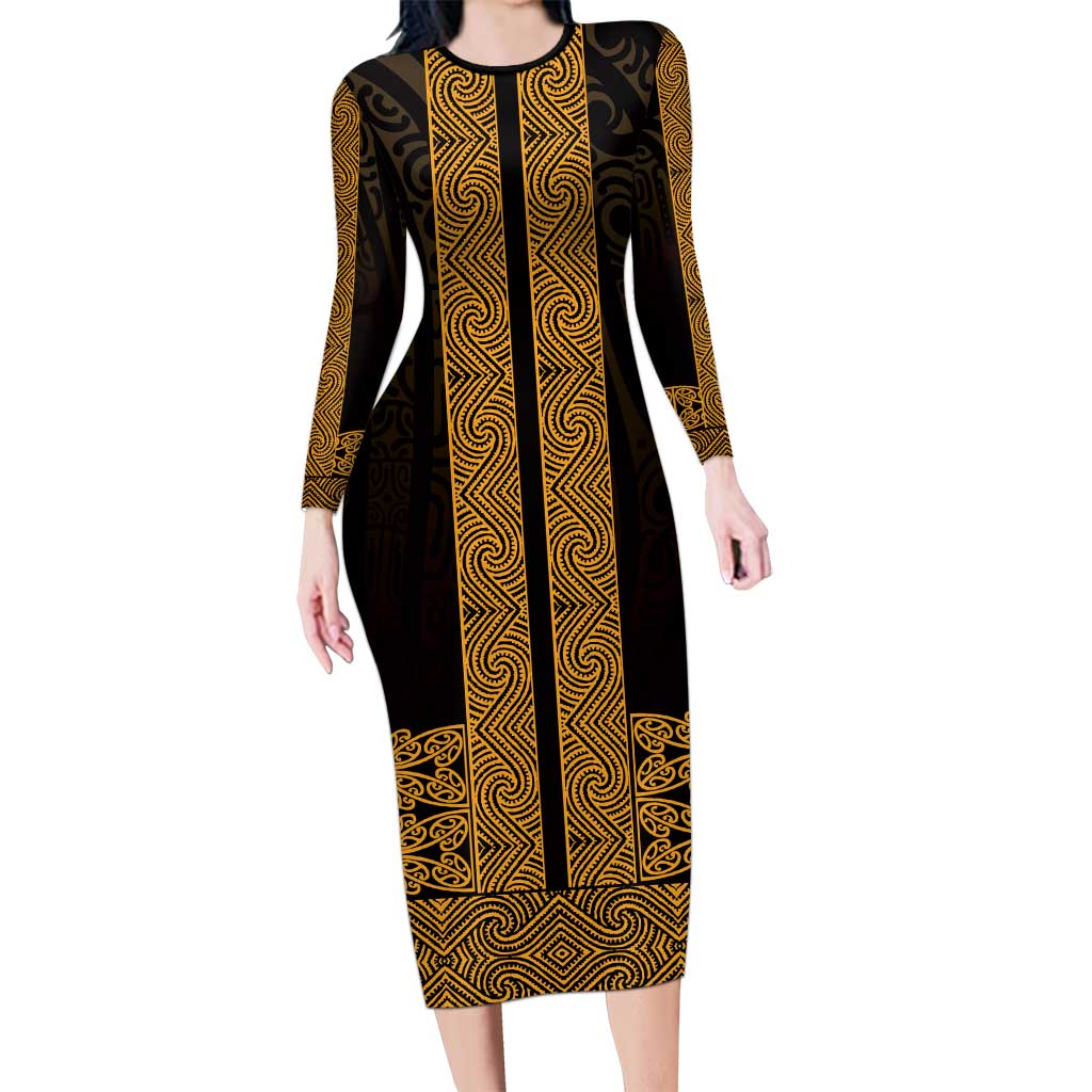 New Zealand Maori Kowhaiwhai Family Matching Long Sleeve Bodycon Dress and Hawaiian Shirt Karaka Maui and Mangopare LT9 Mom's Dress Gold - Polynesian Pride