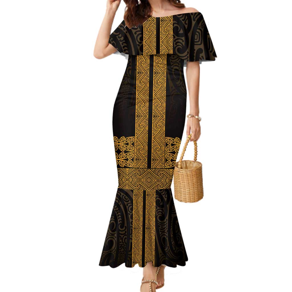 New Zealand Maori Kowhaiwhai Family Matching Mermaid Dress and Hawaiian Shirt Karaka Maui and Mangopare LT9 Mom's Dress Gold - Polynesian Pride