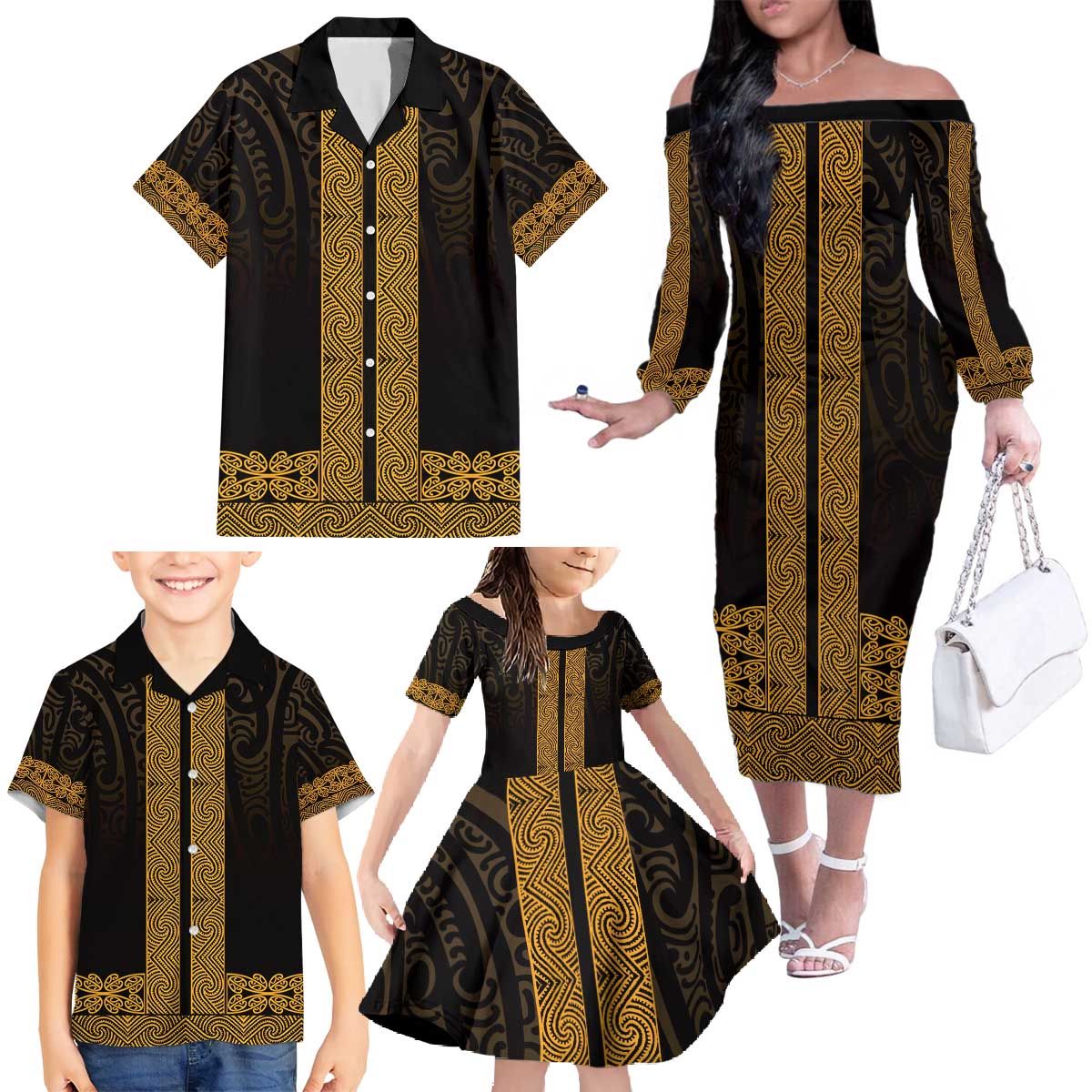 New Zealand Maori Kowhaiwhai Family Matching Off The Shoulder Long Sleeve Dress and Hawaiian Shirt Karaka Maui and Mangopare LT9 - Polynesian Pride