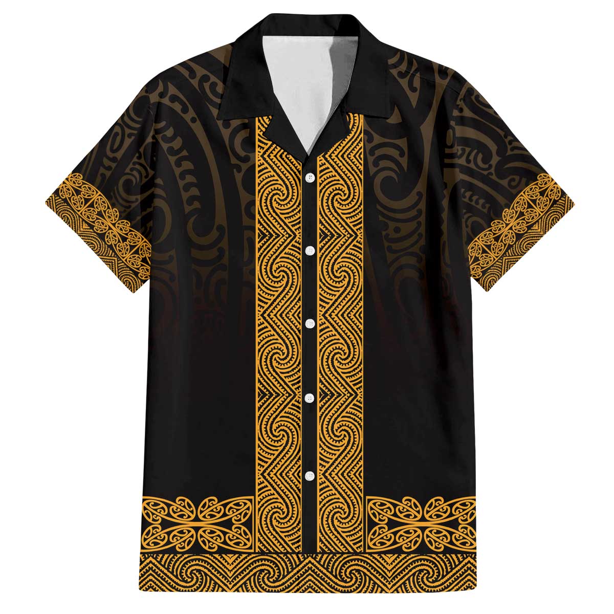 New Zealand Maori Kowhaiwhai Family Matching Off The Shoulder Long Sleeve Dress and Hawaiian Shirt Karaka Maui and Mangopare LT9 Dad's Shirt - Short Sleeve Gold - Polynesian Pride