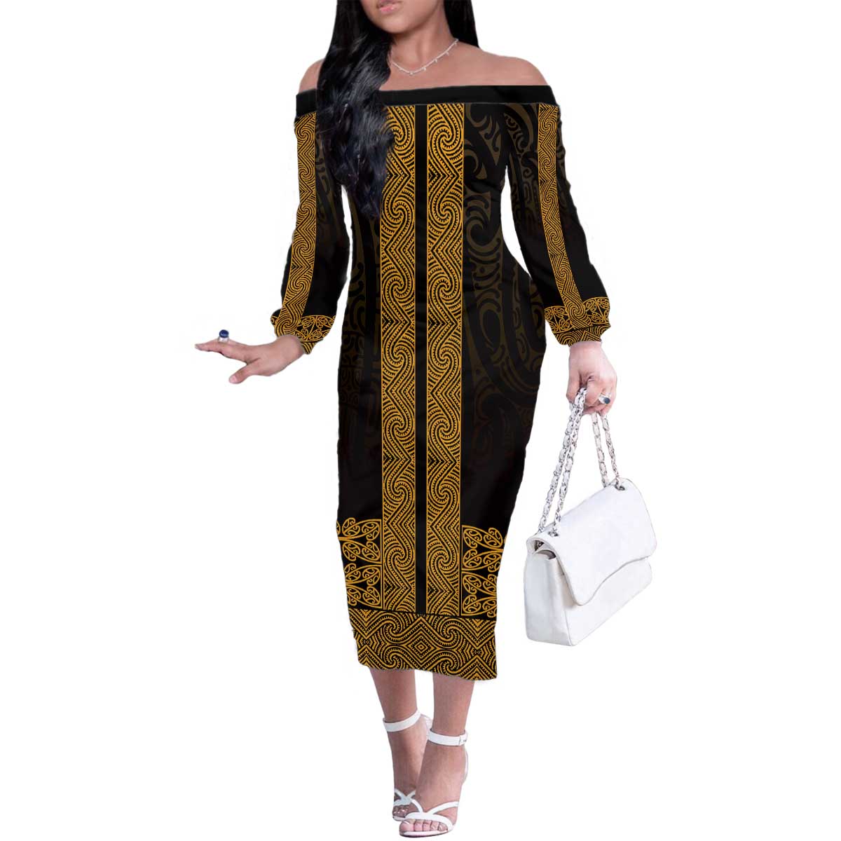 New Zealand Maori Kowhaiwhai Family Matching Off The Shoulder Long Sleeve Dress and Hawaiian Shirt Karaka Maui and Mangopare LT9 Mom's Dress Gold - Polynesian Pride