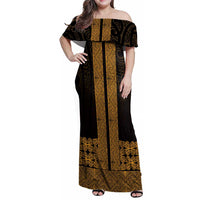 New Zealand Maori Kowhaiwhai Family Matching Off Shoulder Maxi Dress and Hawaiian Shirt Karaka Maui and Mangopare LT9 Mom's Dress Gold - Polynesian Pride