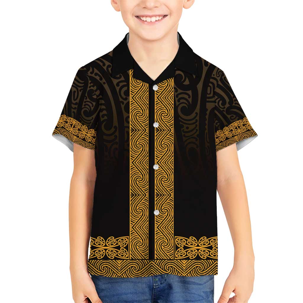 New Zealand Maori Kowhaiwhai Family Matching Off Shoulder Maxi Dress and Hawaiian Shirt Karaka Maui and Mangopare LT9 Son's Shirt Gold - Polynesian Pride