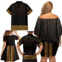 New Zealand Maori Kowhaiwhai Family Matching Off Shoulder Short Dress and Hawaiian Shirt Karaka Maui and Mangopare LT9 - Polynesian Pride