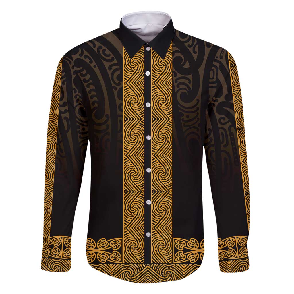 New Zealand Maori Kowhaiwhai Family Matching Off Shoulder Short Dress and Hawaiian Shirt Karaka Maui and Mangopare LT9 Dad's Shirt - Long Sleeve Gold - Polynesian Pride