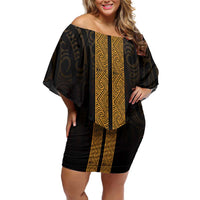 New Zealand Maori Kowhaiwhai Family Matching Off Shoulder Short Dress and Hawaiian Shirt Karaka Maui and Mangopare LT9 Mom's Dress Gold - Polynesian Pride