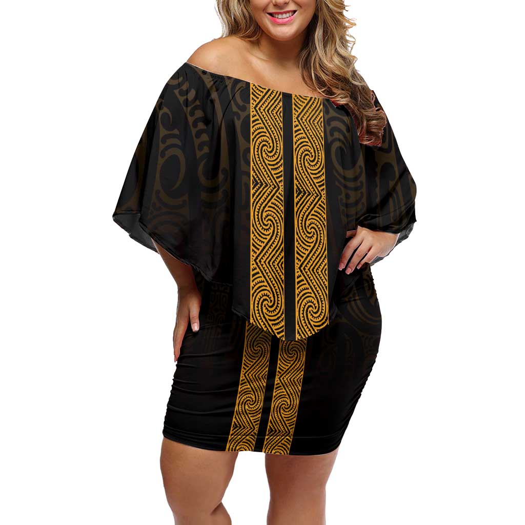 New Zealand Maori Kowhaiwhai Off Shoulder Short Dress Karaka Maui and Mangopare LT9 Women Gold - Polynesian Pride