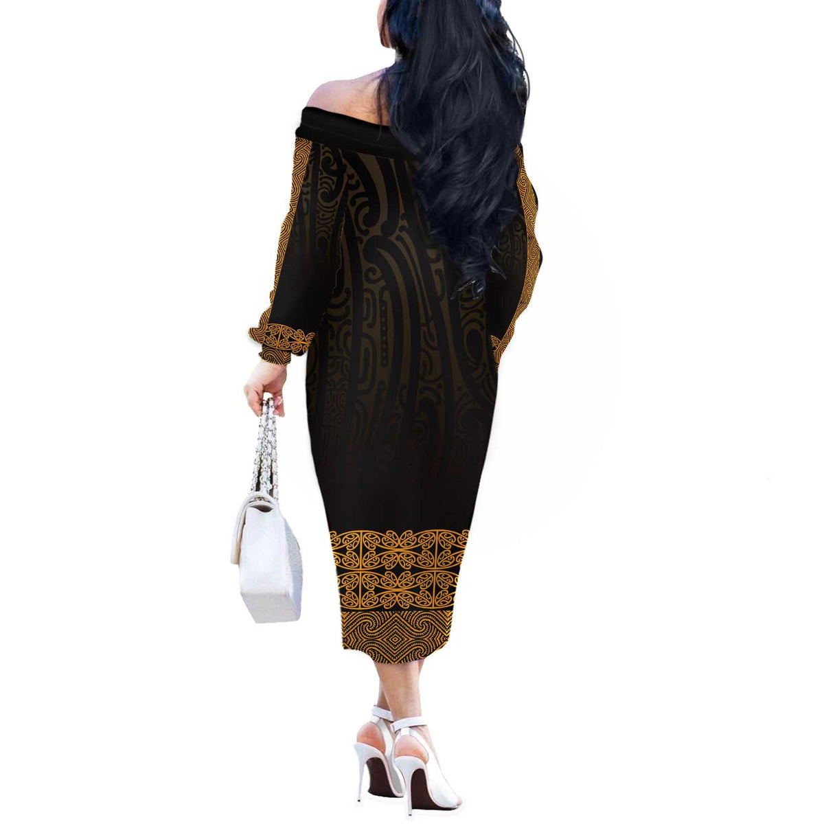 New Zealand Maori Kowhaiwhai Off The Shoulder Long Sleeve Dress Karaka Maui and Mangopare LT9 - Polynesian Pride