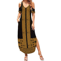 New Zealand Maori Kowhaiwhai Summer Maxi Dress Karaka Maui and Mangopare LT9 Women Gold - Polynesian Pride