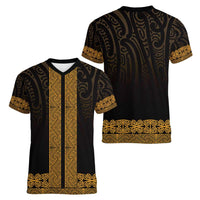 New Zealand Maori Kowhaiwhai Women V-Neck T-Shirt Karaka Maui and Mangopare