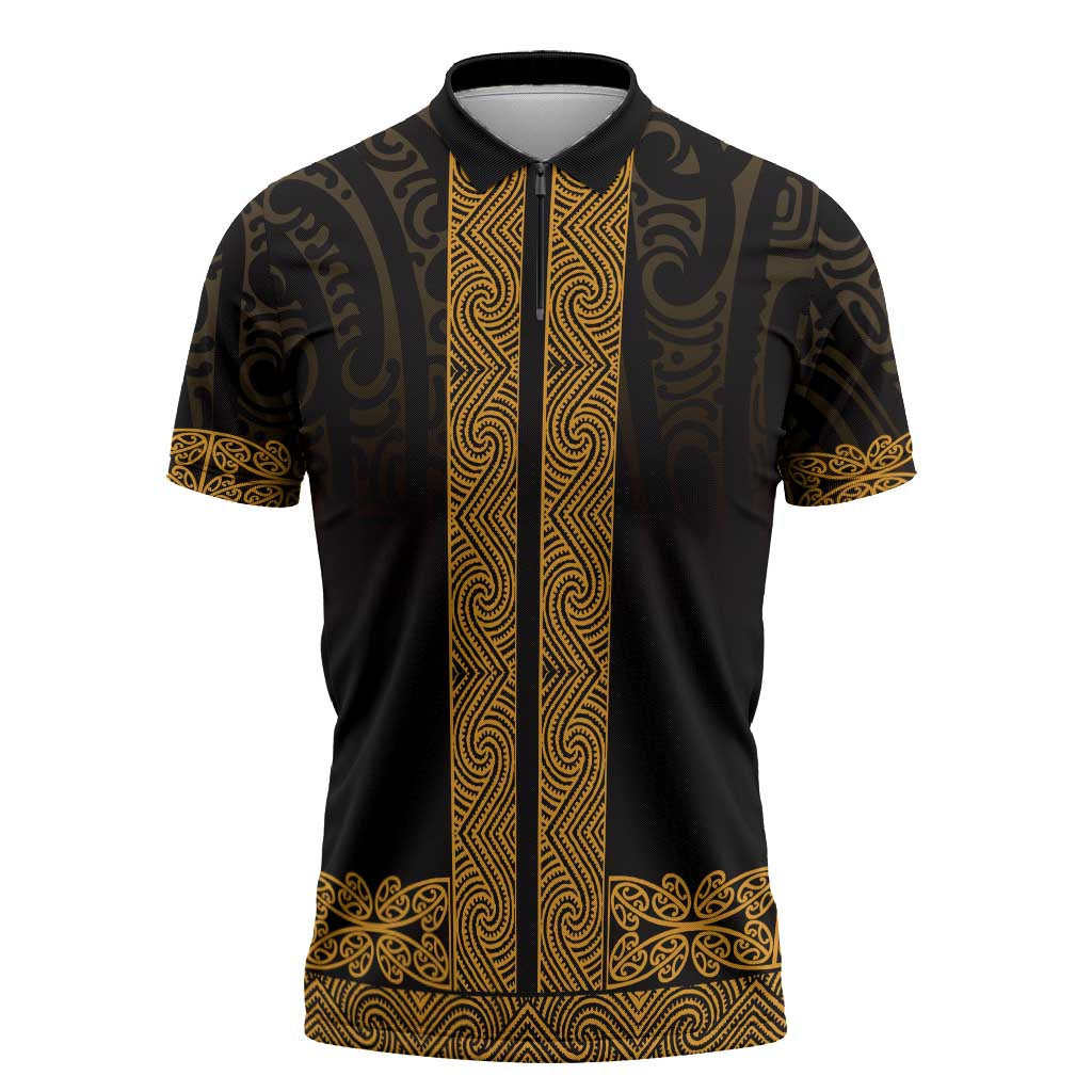 New Zealand Maori Kowhaiwhai Zipper Polo Shirt Karaka Maui and Mangopare LT9 Gold - Polynesian Pride