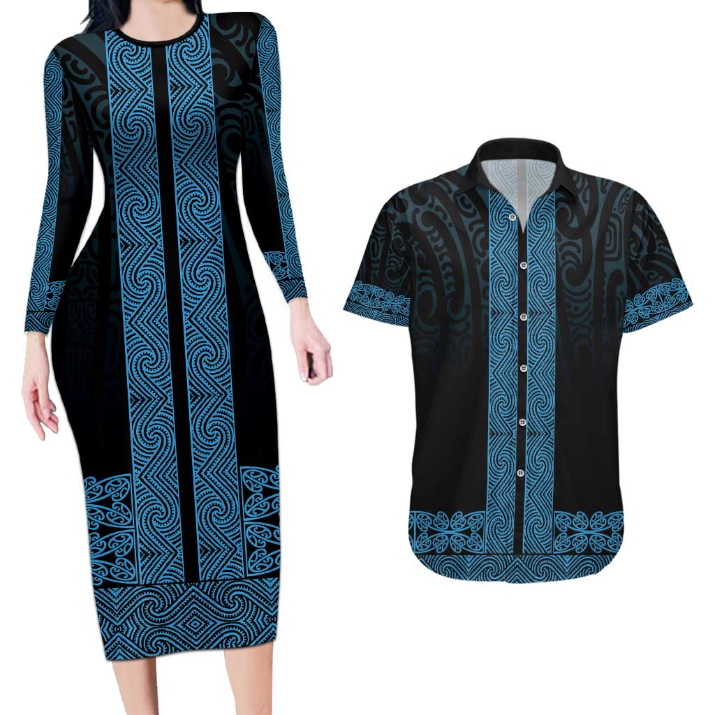 New Zealand Maori Kowhaiwhai Couples Matching Long Sleeve Bodycon Dress and Hawaiian Shirt Kikorangi Maui and Mangopare LT9 Blue - Polynesian Pride