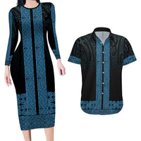 New Zealand Maori Kowhaiwhai Couples Matching Long Sleeve Bodycon Dress and Hawaiian Shirt Kikorangi Maui and Mangopare LT9 Blue - Polynesian Pride