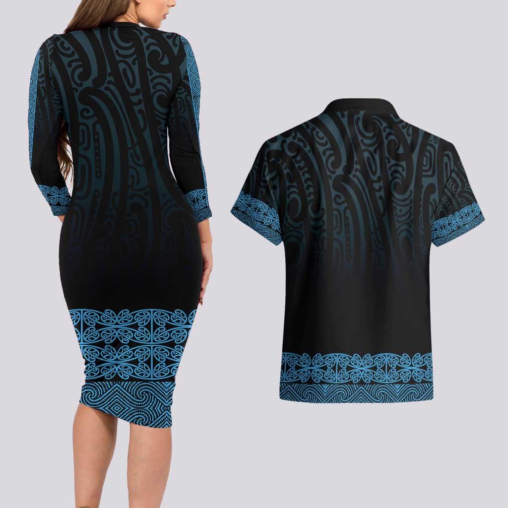 New Zealand Maori Kowhaiwhai Couples Matching Long Sleeve Bodycon Dress and Hawaiian Shirt Kikorangi Maui and Mangopare LT9 - Polynesian Pride