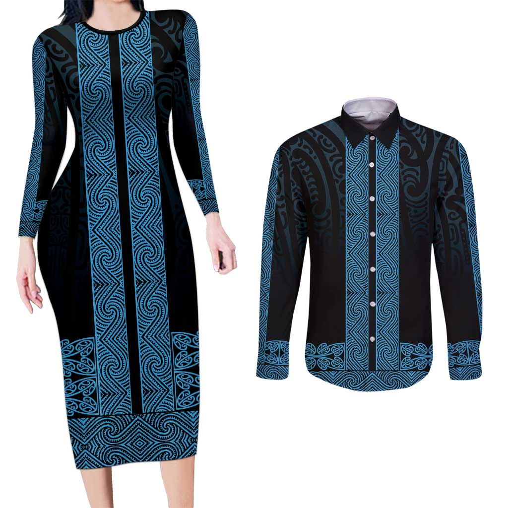 New Zealand Maori Kowhaiwhai Couples Matching Long Sleeve Bodycon Dress and Long Sleeve Button Shirt Kikorangi Maui and Mangopare LT9 Blue - Polynesian Pride