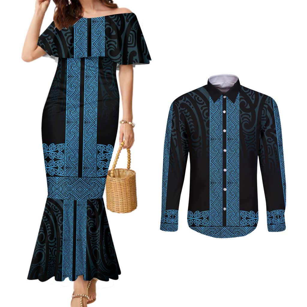 New Zealand Maori Kowhaiwhai Couples Matching Mermaid Dress and Long Sleeve Button Shirt Kikorangi Maui and Mangopare LT9 Blue - Polynesian Pride