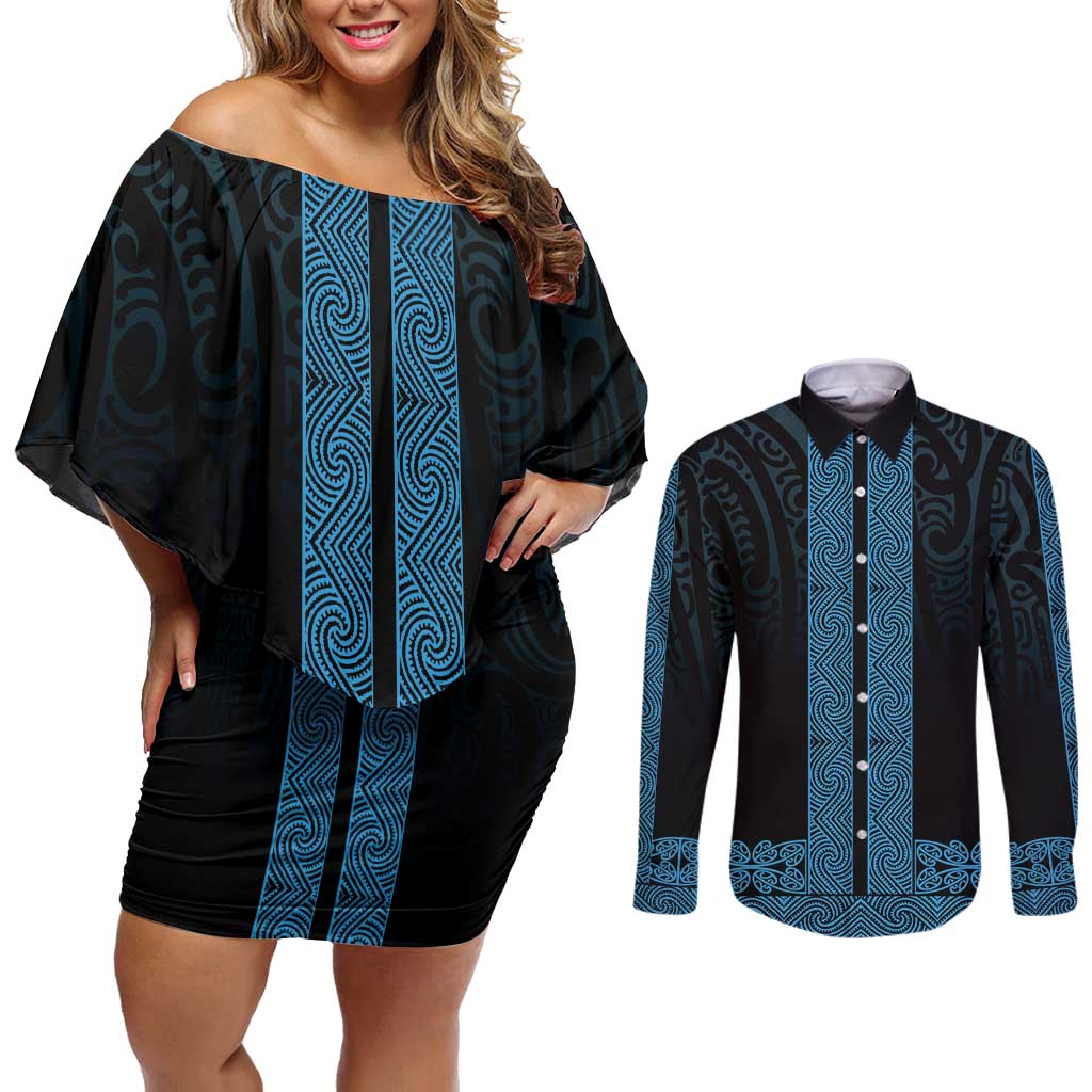 New Zealand Maori Kowhaiwhai Couples Matching Off Shoulder Short Dress and Long Sleeve Button Shirt Kikorangi Maui and Mangopare LT9 Blue - Polynesian Pride