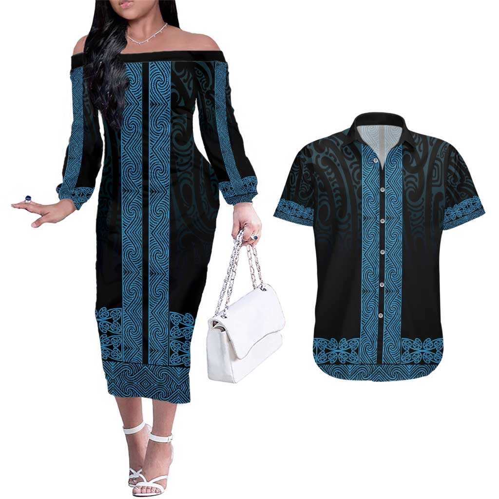 New Zealand Maori Kowhaiwhai Couples Matching Off The Shoulder Long Sleeve Dress and Hawaiian Shirt Kikorangi Maui and Mangopare LT9 Blue - Polynesian Pride