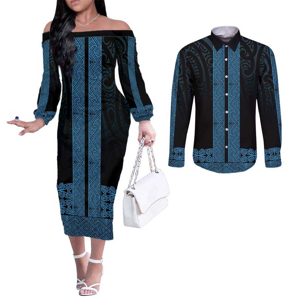 New Zealand Maori Kowhaiwhai Couples Matching Off The Shoulder Long Sleeve Dress and Long Sleeve Button Shirt Kikorangi Maui and Mangopare LT9 Blue - Polynesian Pride