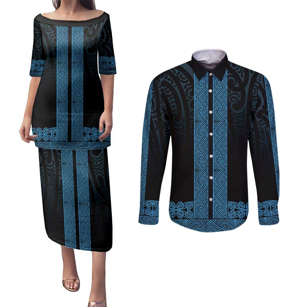 New Zealand Maori Kowhaiwhai Couples Matching Puletasi and Long Sleeve Button Shirt Kikorangi Maui and Mangopare
