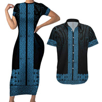 New Zealand Maori Kowhaiwhai Couples Matching Short Sleeve Bodycon Dress and Hawaiian Shirt Kikorangi Maui and Mangopare LT9 Blue - Polynesian Pride