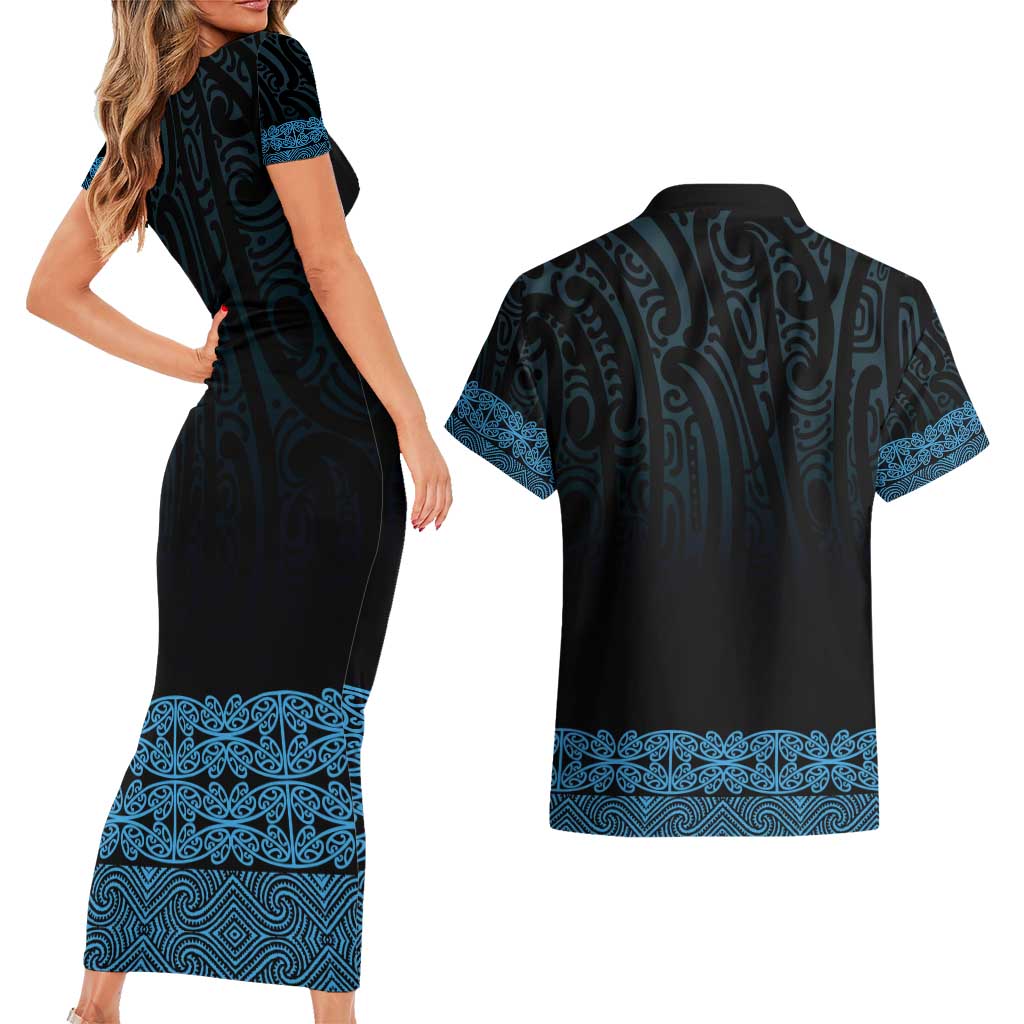 New Zealand Maori Kowhaiwhai Couples Matching Short Sleeve Bodycon Dress and Hawaiian Shirt Kikorangi Maui and Mangopare LT9 - Polynesian Pride