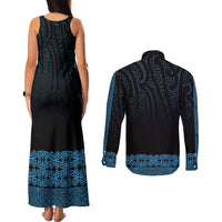 New Zealand Maori Kowhaiwhai Couples Matching Tank Maxi Dress and Long Sleeve Button Shirt Kikorangi Maui and Mangopare LT9 - Polynesian Pride