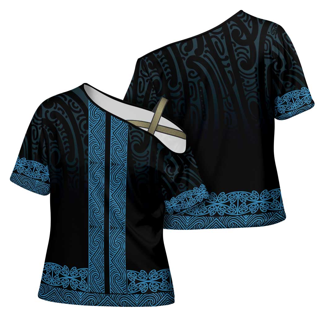 New Zealand Maori Kowhaiwhai Cross Shoulder Shirt Kikorangi Maui and Mangopare LT9 - Polynesian Pride