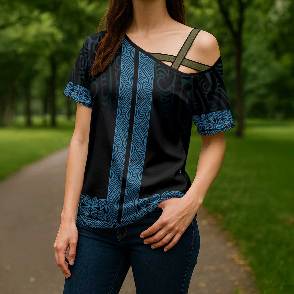 New Zealand Maori Kowhaiwhai Cross Shoulder Shirt Kikorangi Maui and Mangopare LT9 - Polynesian Pride