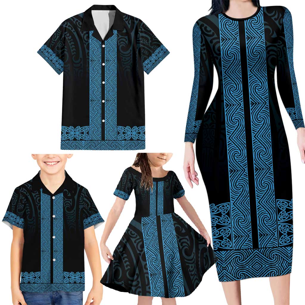 New Zealand Maori Kowhaiwhai Family Matching Long Sleeve Bodycon Dress and Hawaiian Shirt Kikorangi Maui and Mangopare LT9 - Polynesian Pride
