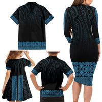 New Zealand Maori Kowhaiwhai Family Matching Long Sleeve Bodycon Dress and Hawaiian Shirt Kikorangi Maui and Mangopare LT9 - Polynesian Pride