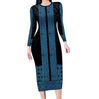 New Zealand Maori Kowhaiwhai Family Matching Long Sleeve Bodycon Dress and Hawaiian Shirt Kikorangi Maui and Mangopare LT9 Mom's Dress Blue - Polynesian Pride