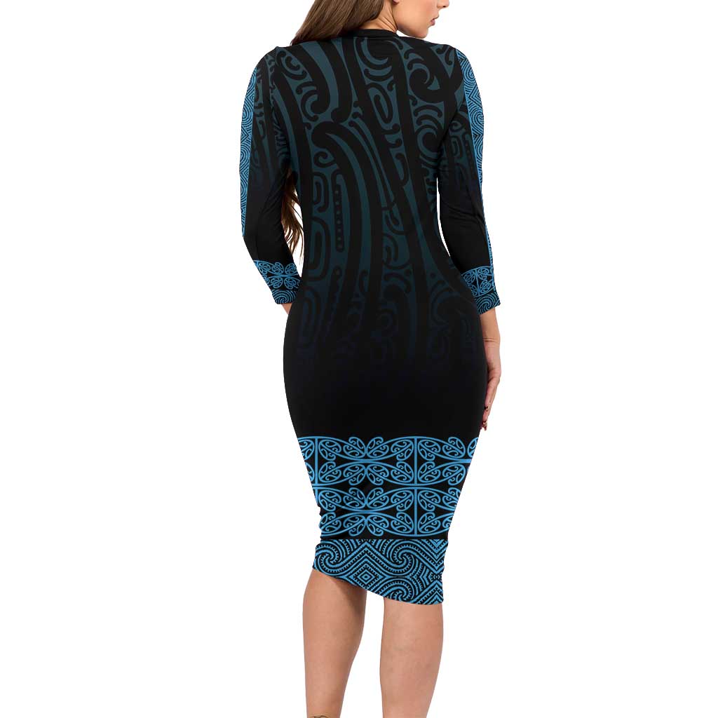 New Zealand Maori Kowhaiwhai Family Matching Long Sleeve Bodycon Dress and Hawaiian Shirt Kikorangi Maui and Mangopare LT9 - Polynesian Pride