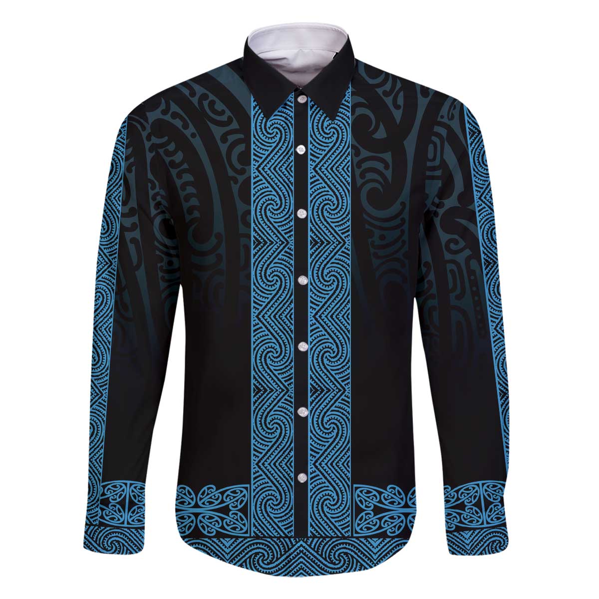 New Zealand Maori Kowhaiwhai Family Matching Off The Shoulder Long Sleeve Dress and Hawaiian Shirt Kikorangi Maui and Mangopare LT9 Dad's Shirt - Long Sleeve Blue - Polynesian Pride