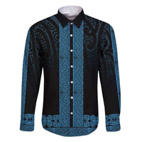 New Zealand Maori Kowhaiwhai Family Matching Off The Shoulder Long Sleeve Dress and Hawaiian Shirt Kikorangi Maui and Mangopare LT9 Dad's Shirt - Long Sleeve Blue - Polynesian Pride