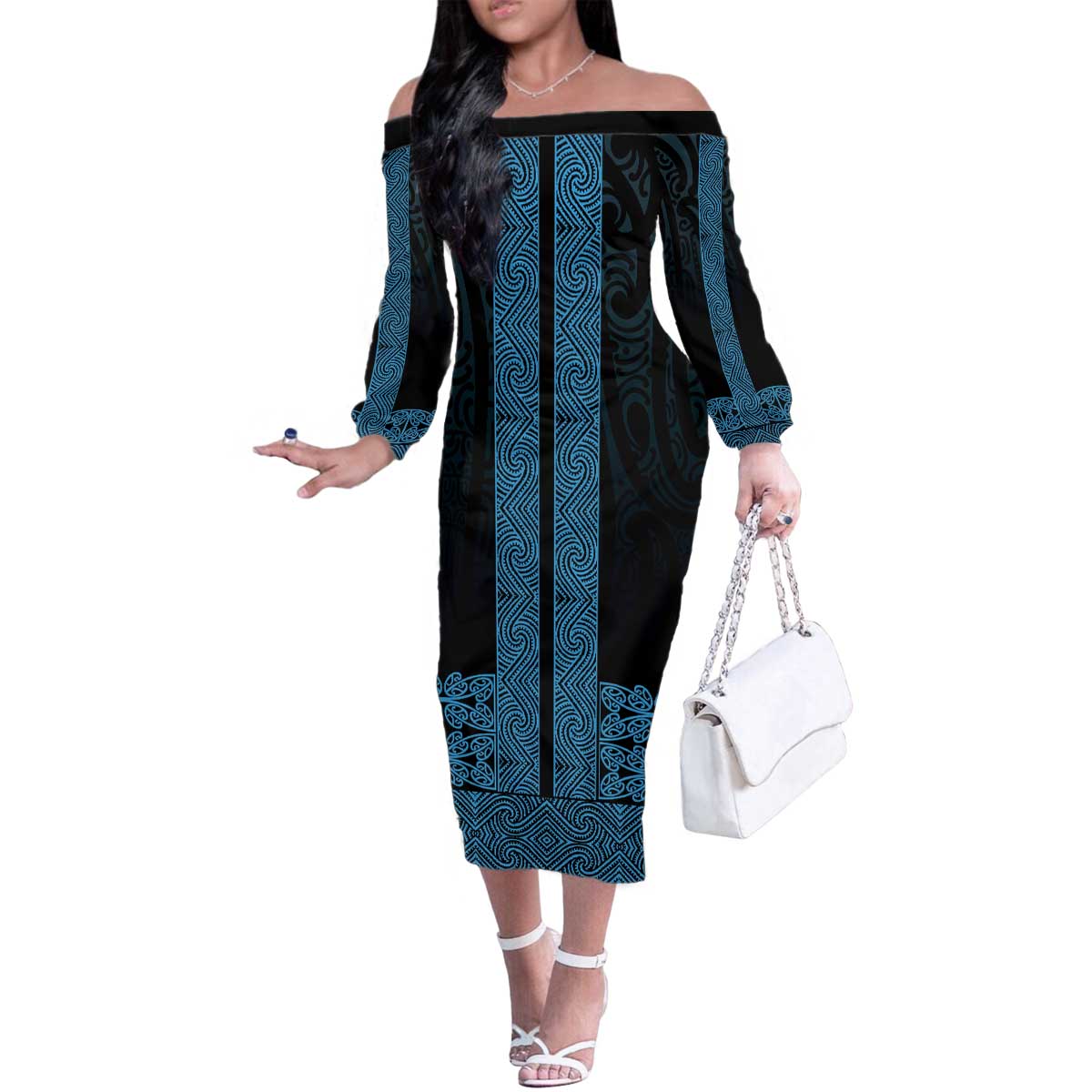 New Zealand Maori Kowhaiwhai Family Matching Off The Shoulder Long Sleeve Dress and Hawaiian Shirt Kikorangi Maui and Mangopare LT9 Mom's Dress Blue - Polynesian Pride