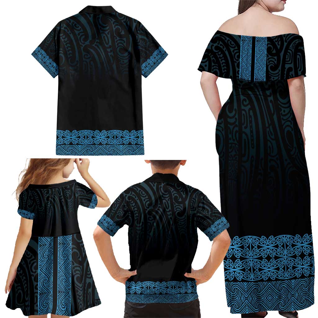 New Zealand Maori Kowhaiwhai Family Matching Off Shoulder Maxi Dress and Hawaiian Shirt Kikorangi Maui and Mangopare LT9 - Polynesian Pride