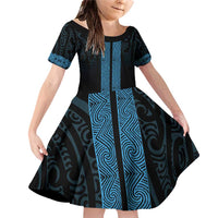 New Zealand Maori Kowhaiwhai Family Matching Off Shoulder Short Dress and Hawaiian Shirt Kikorangi Maui and Mangopare LT9 Daughter's Dress Blue - Polynesian Pride