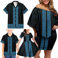 New Zealand Maori Kowhaiwhai Family Matching Off Shoulder Short Dress and Hawaiian Shirt Kikorangi Maui and Mangopare LT9 - Polynesian Pride