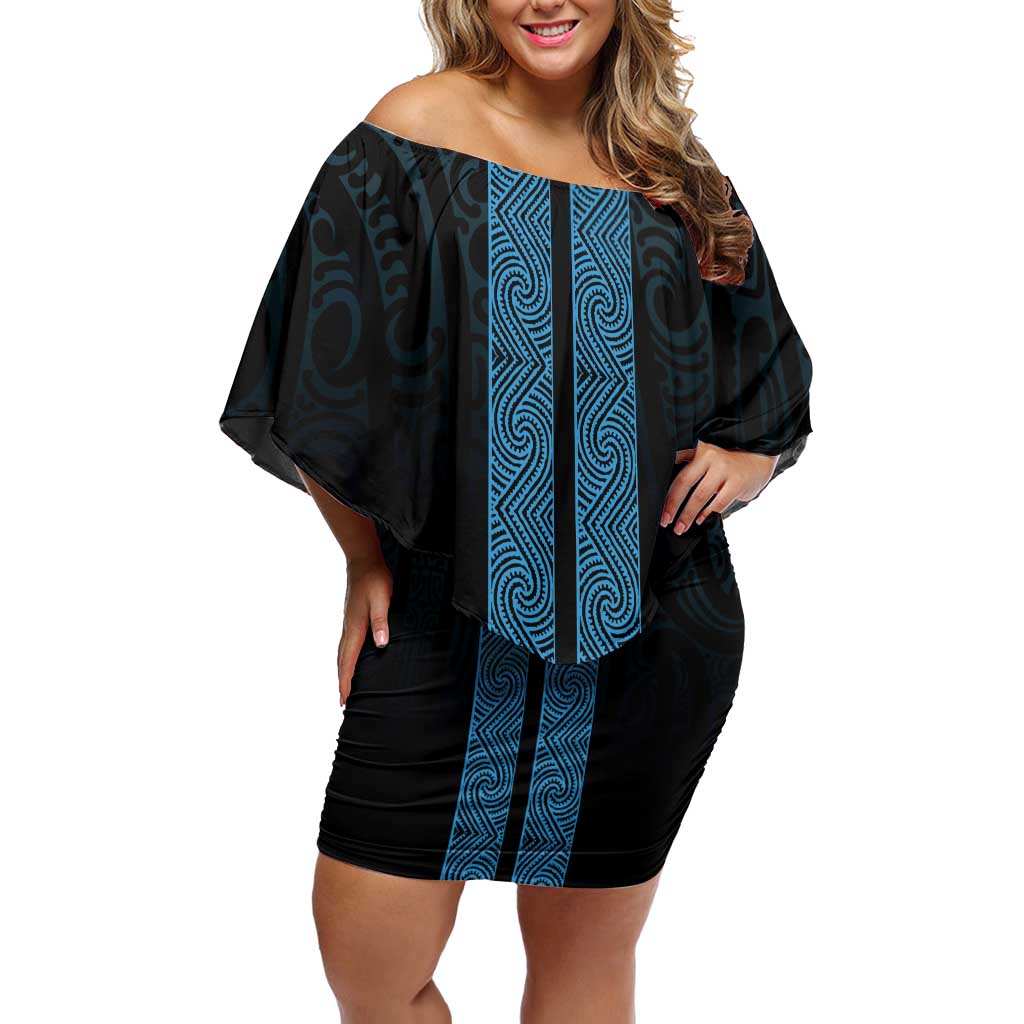 New Zealand Maori Kowhaiwhai Family Matching Off Shoulder Short Dress and Hawaiian Shirt Kikorangi Maui and Mangopare LT9 Mom's Dress Blue - Polynesian Pride