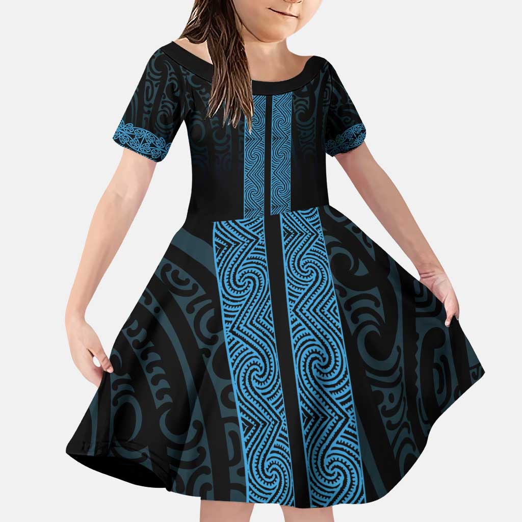 New Zealand Maori Kowhaiwhai Family Matching Puletasi and Hawaiian Shirt Kikorangi Maui and Mangopare LT9 Daughter's Dress Blue - Polynesian Pride